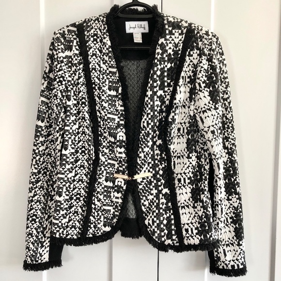 Joseph Ribkoff, Blazer, Black‎ And White, With Black Fringe Trim, Size 8 - Picture 1 of 15